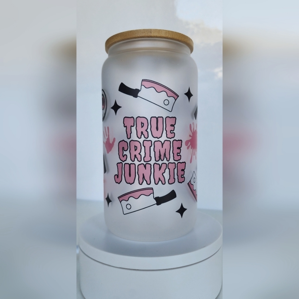 Barbie Core Coffee Cup Tea Glass - True Crime Junkie - Handmade